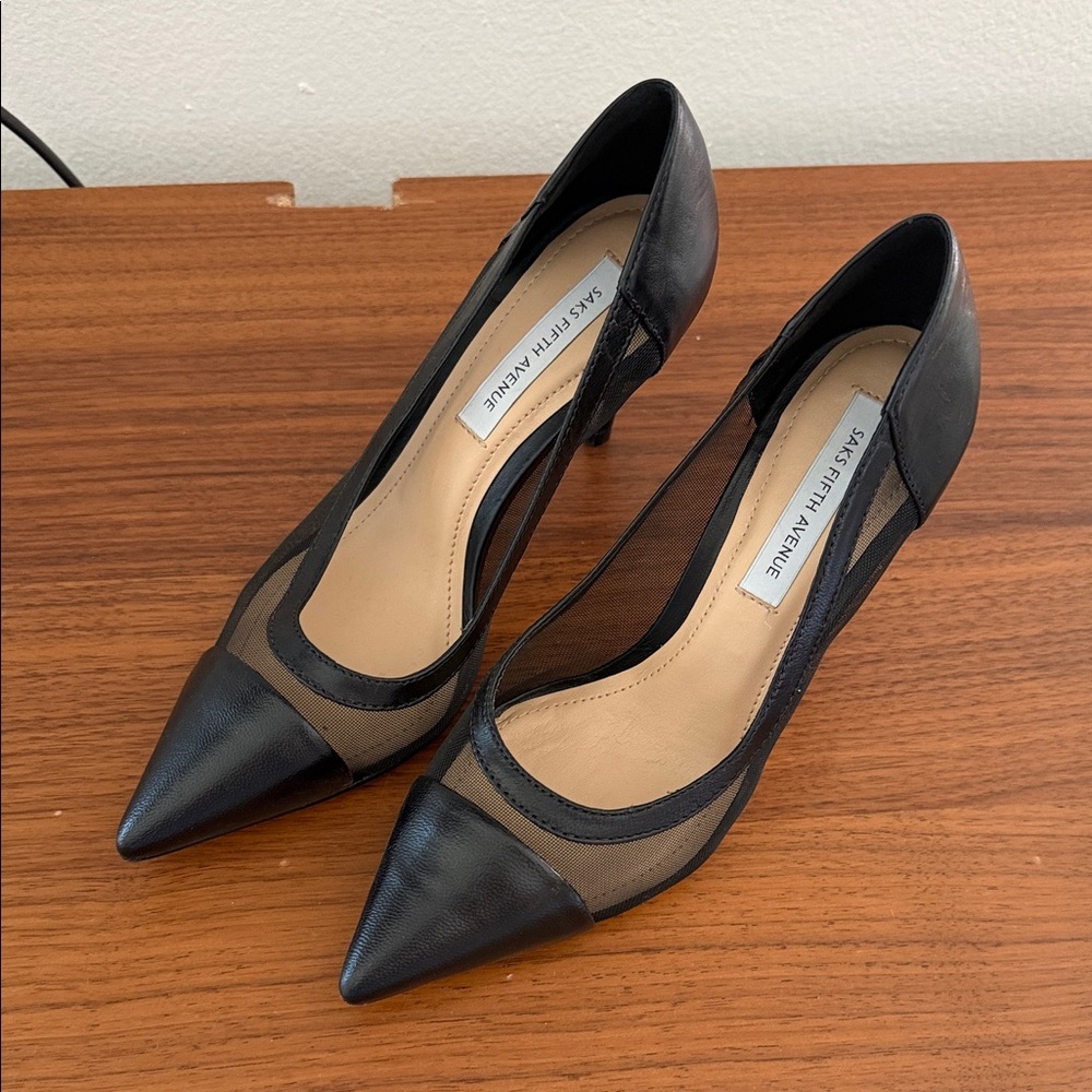 Saks Fifth Avenue Black Pointed Mesh Pumps with Leather Accents